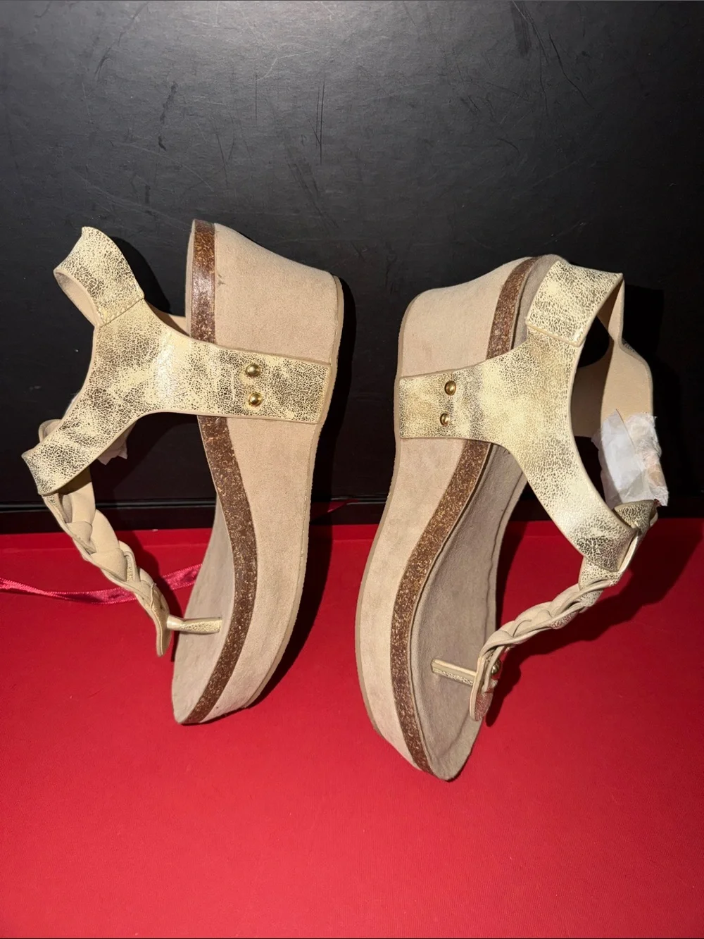 Natural Breeze NWOB Gold Braided T-Strap Wedge Sandals